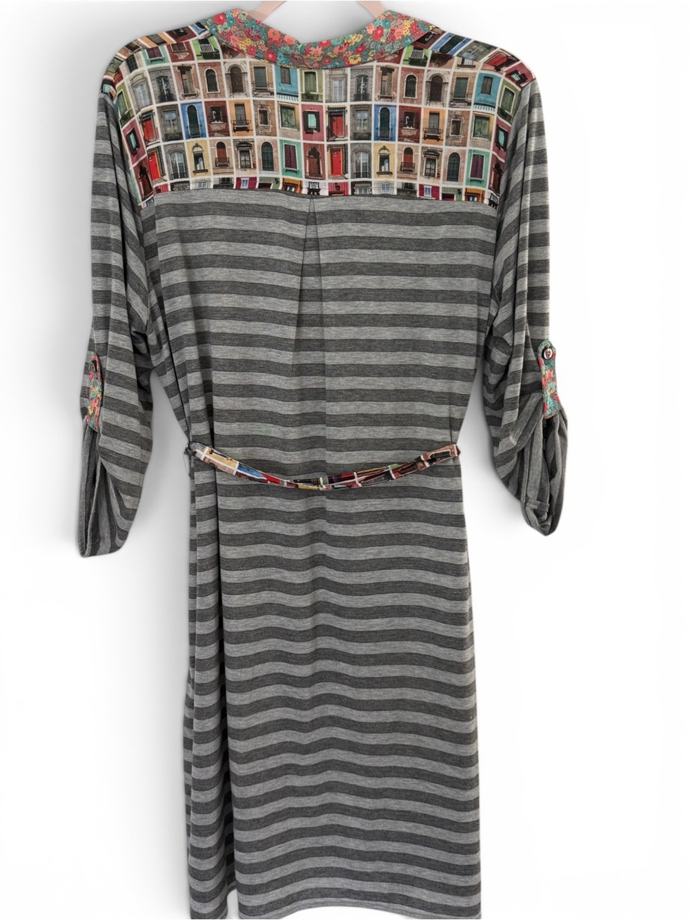 Uncle Frank Ivy Jane Mixed Media Dress Novelty Doors Print Striped Floral Size L - Picture 2 of 11